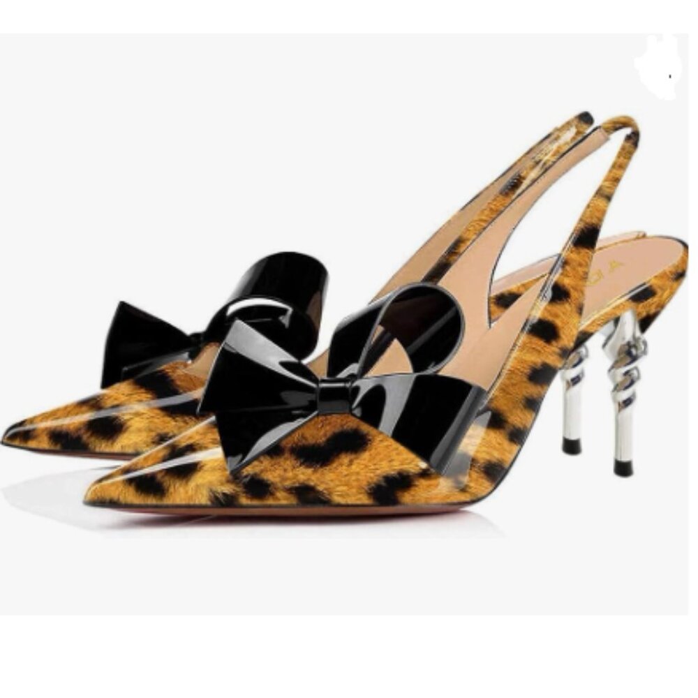 YDN Brown Leopard Pointed Toe Slingback Slip on Stiletto Heels Bow Dress Pumps